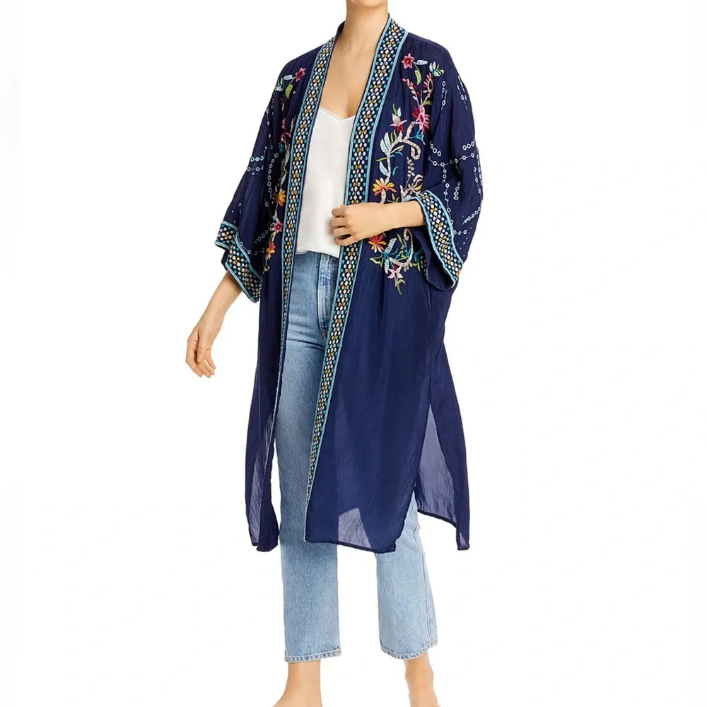 NWT Johnny Was Summer Embroidered Long Navy $345 Kimono PM - Picture 2 of 5